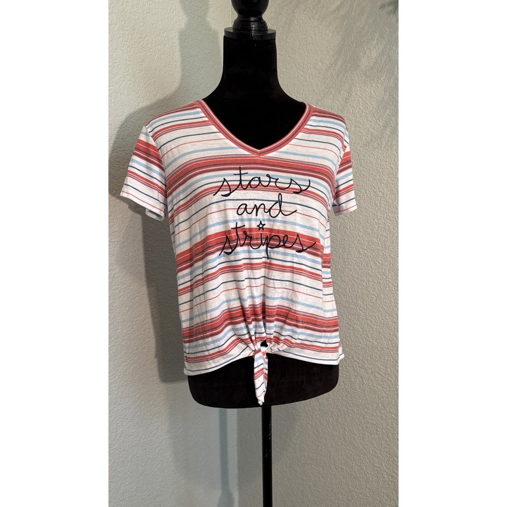 Fifth Sun Women's M Stars & Stripes V-Neck T-Shirt Patriotic Embroidered